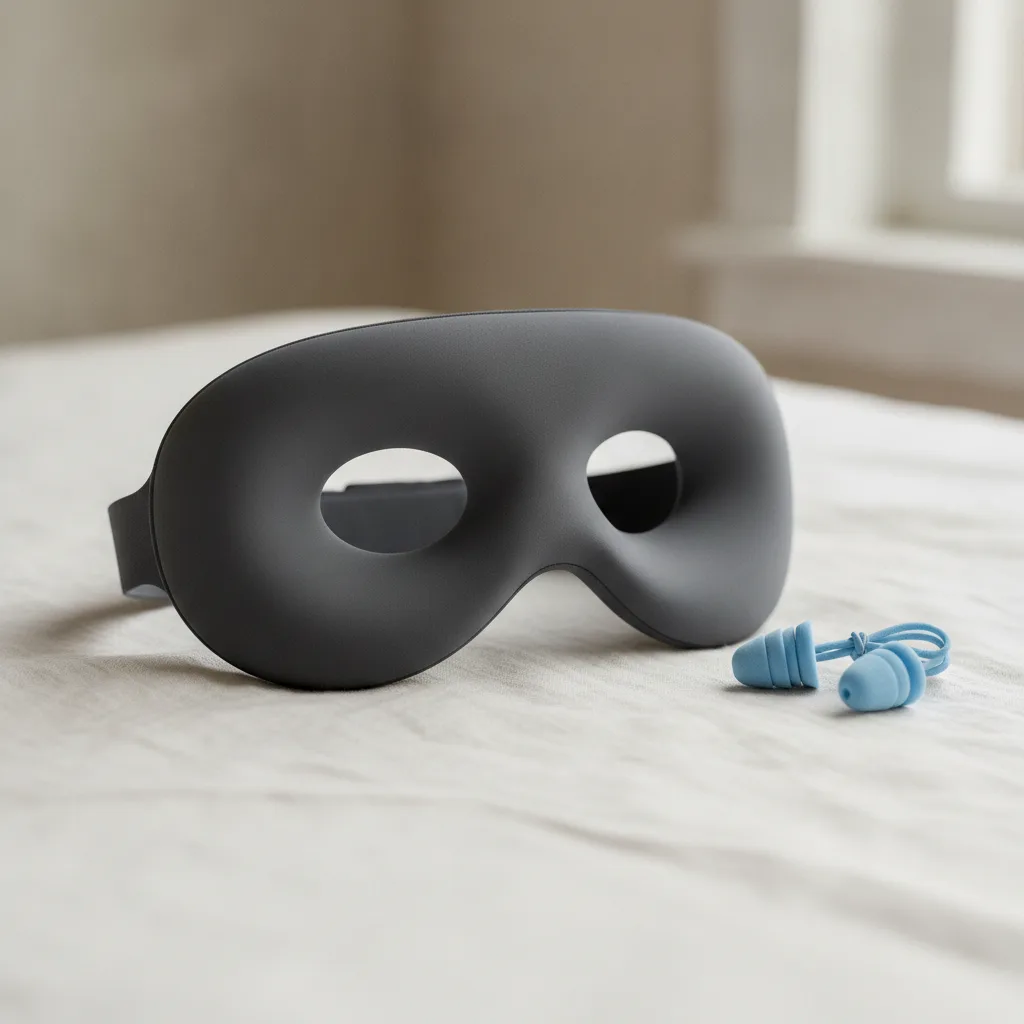 Контурна 3D маска за сън с вдлъбнатини за очите върху светъл фон.