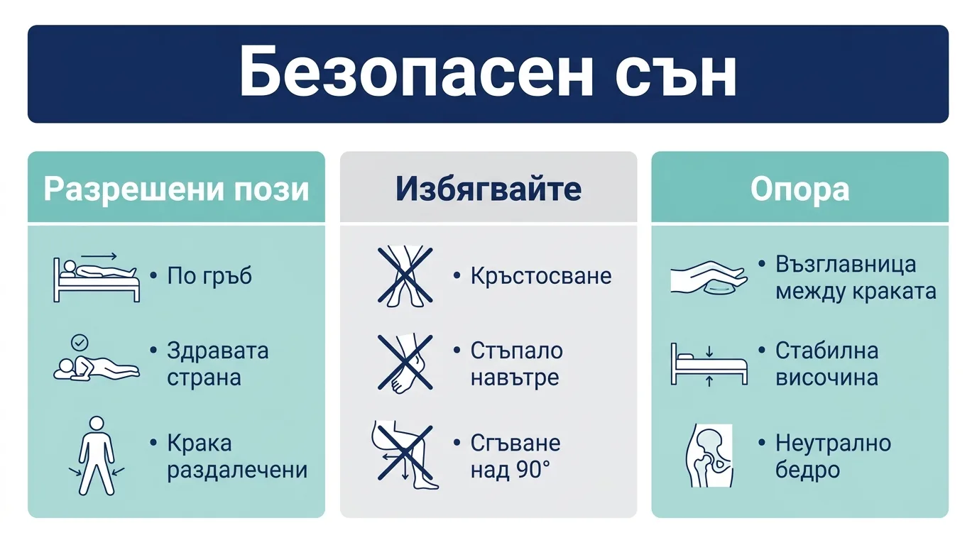 Инфографика с разрешените пози, движенията за избягване и опората с възглавница между краката след смяна на тазобедрена става.
