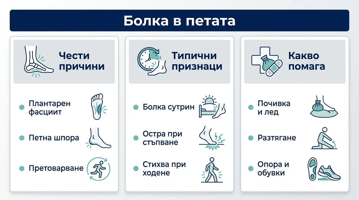 Инфографика с честите причини, типичните признаци и мерките за облекчаване на болката в петата.