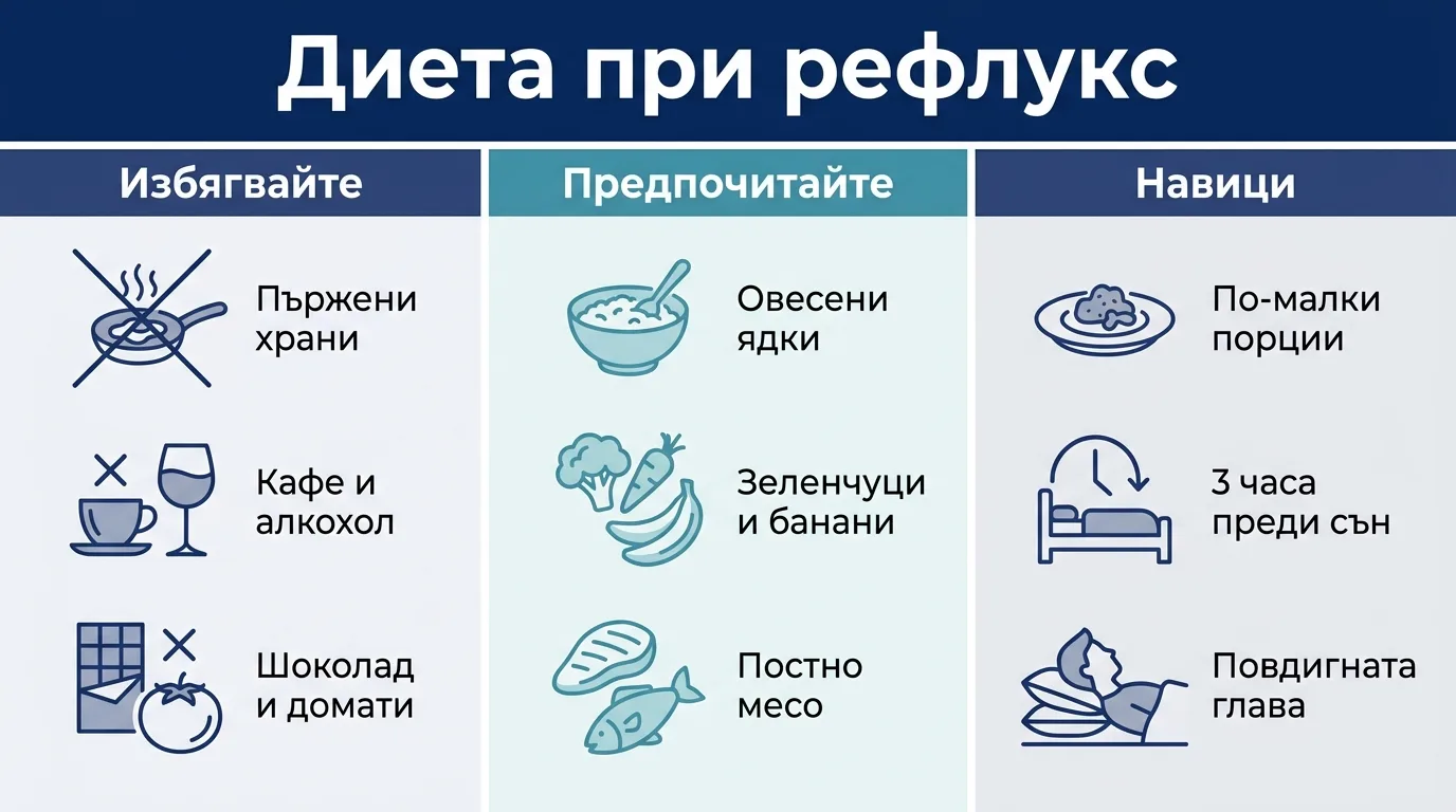 Инфографика с храните за избягване, препоръчваните храни и полезните навици при рефлукс.