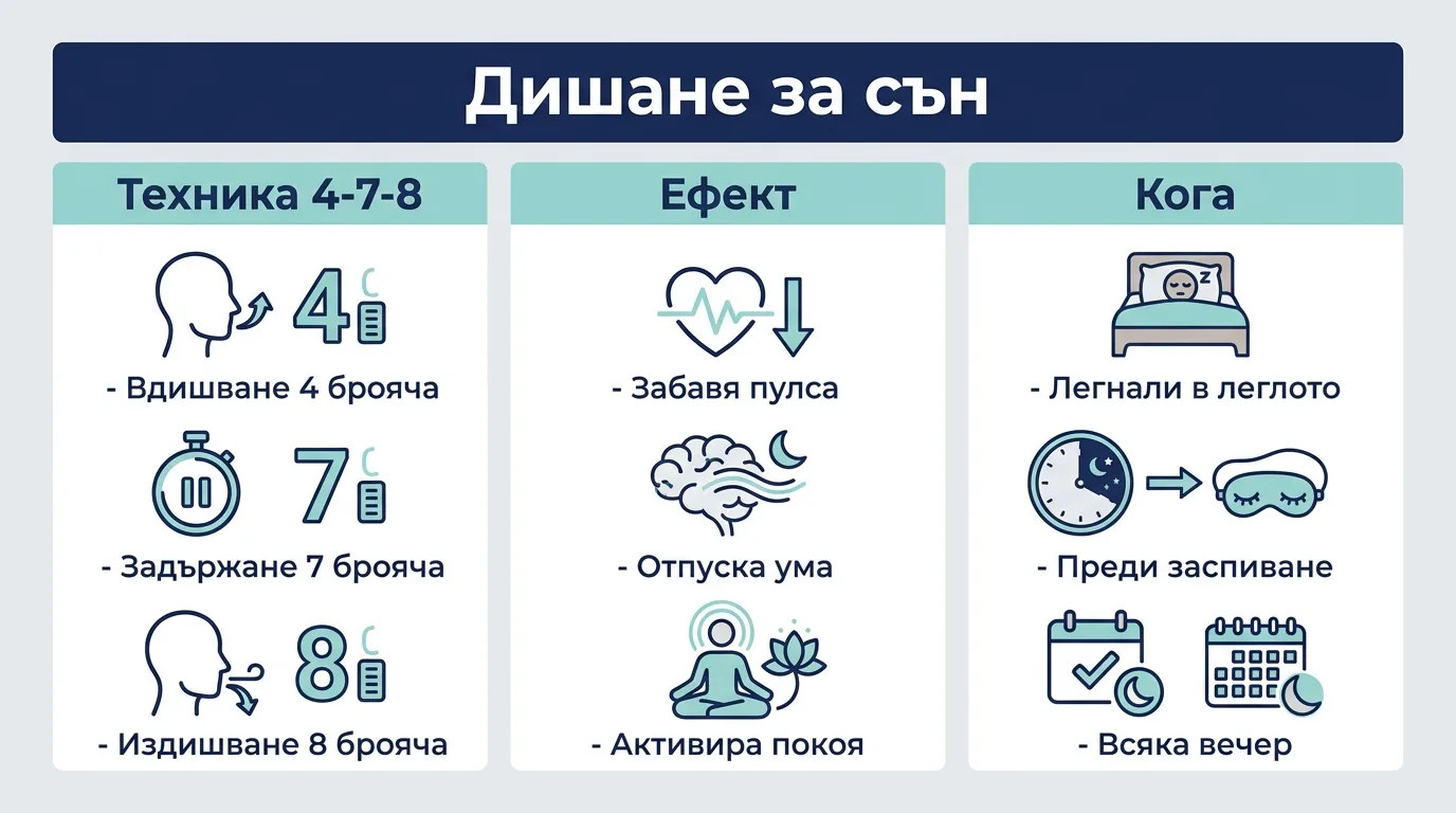 Инфографика за дихателните техники за сън с трите стъпки на метода 4-7-8, ефекта върху тялото и кога да се практикува.