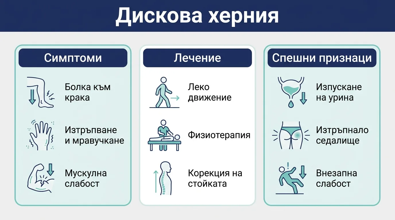 Инфографика с основните симптоми на дисковата херния, стъпките на лечението без операция и спешните признаци.