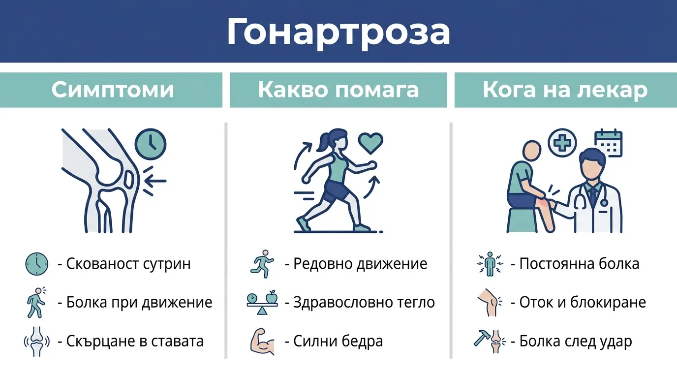 Инфографика за гонартрозата със симптомите, какво помага и кога да потърсите лекар