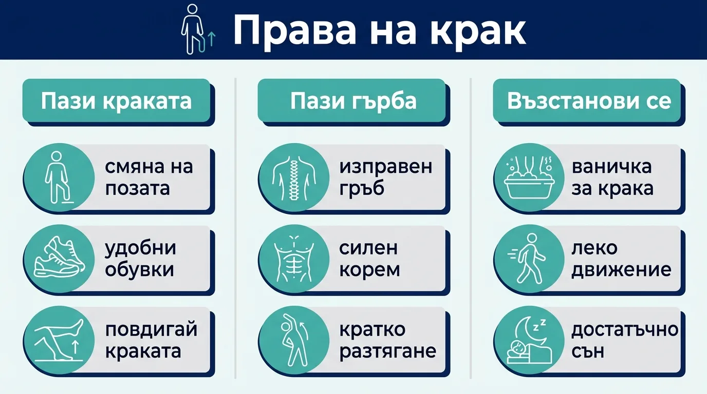 Инфографика с три съвета при работа права на крак: грижа за краката, за гърба и възстановяване