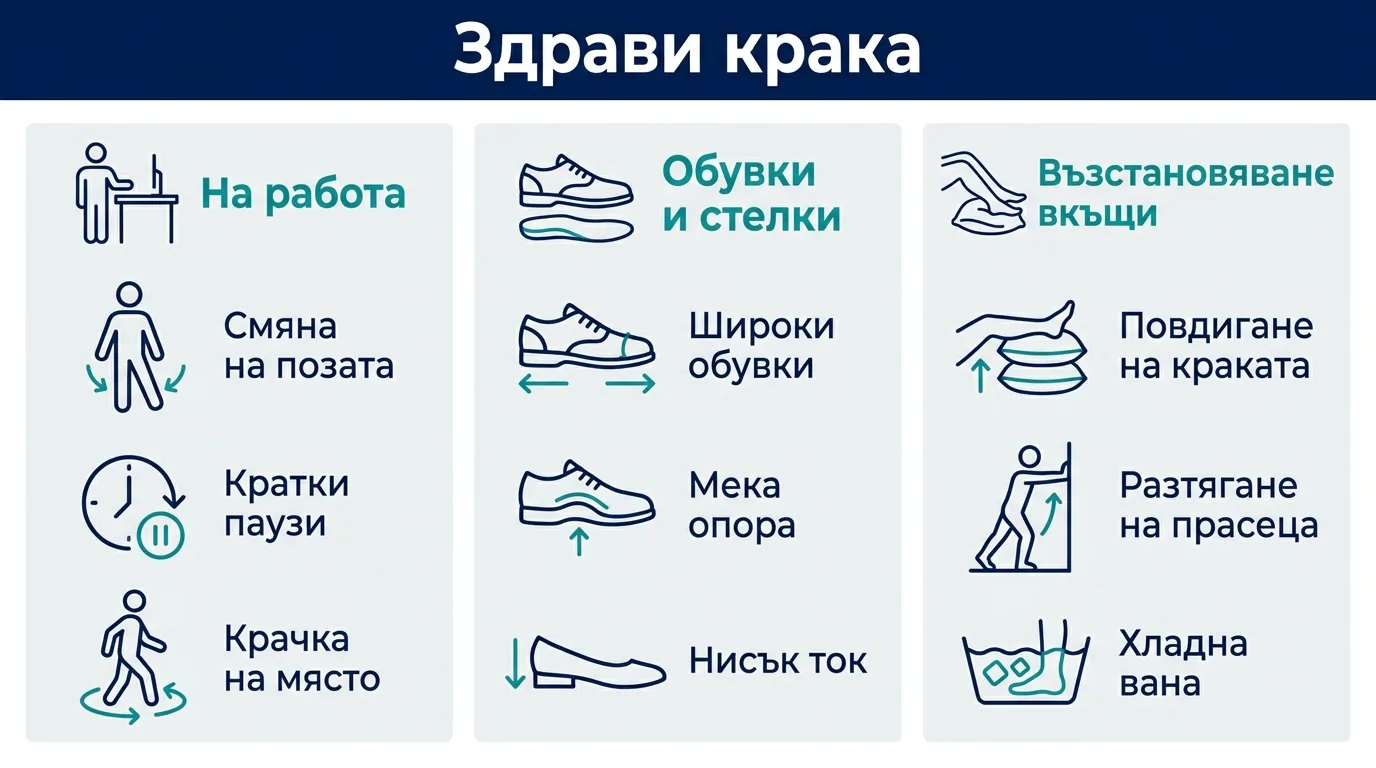 Инфографика в три части за грижа за краката при работа права на крак: на работа, обувки и стелки, възстановяване вкъщи.