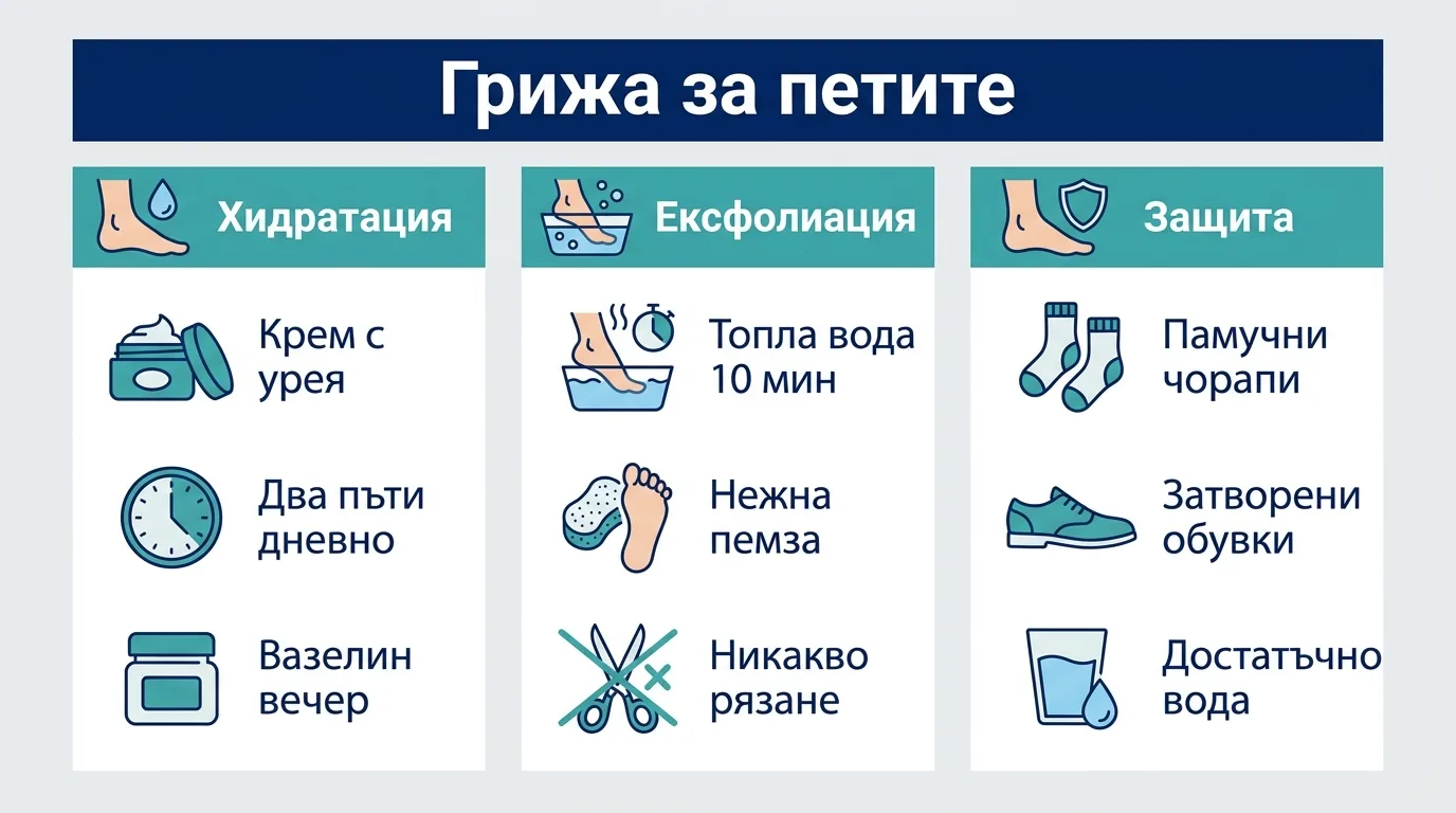 Инфографика с три стъпки за грижа при напукани пети: хидратация, ексфолиация и защита