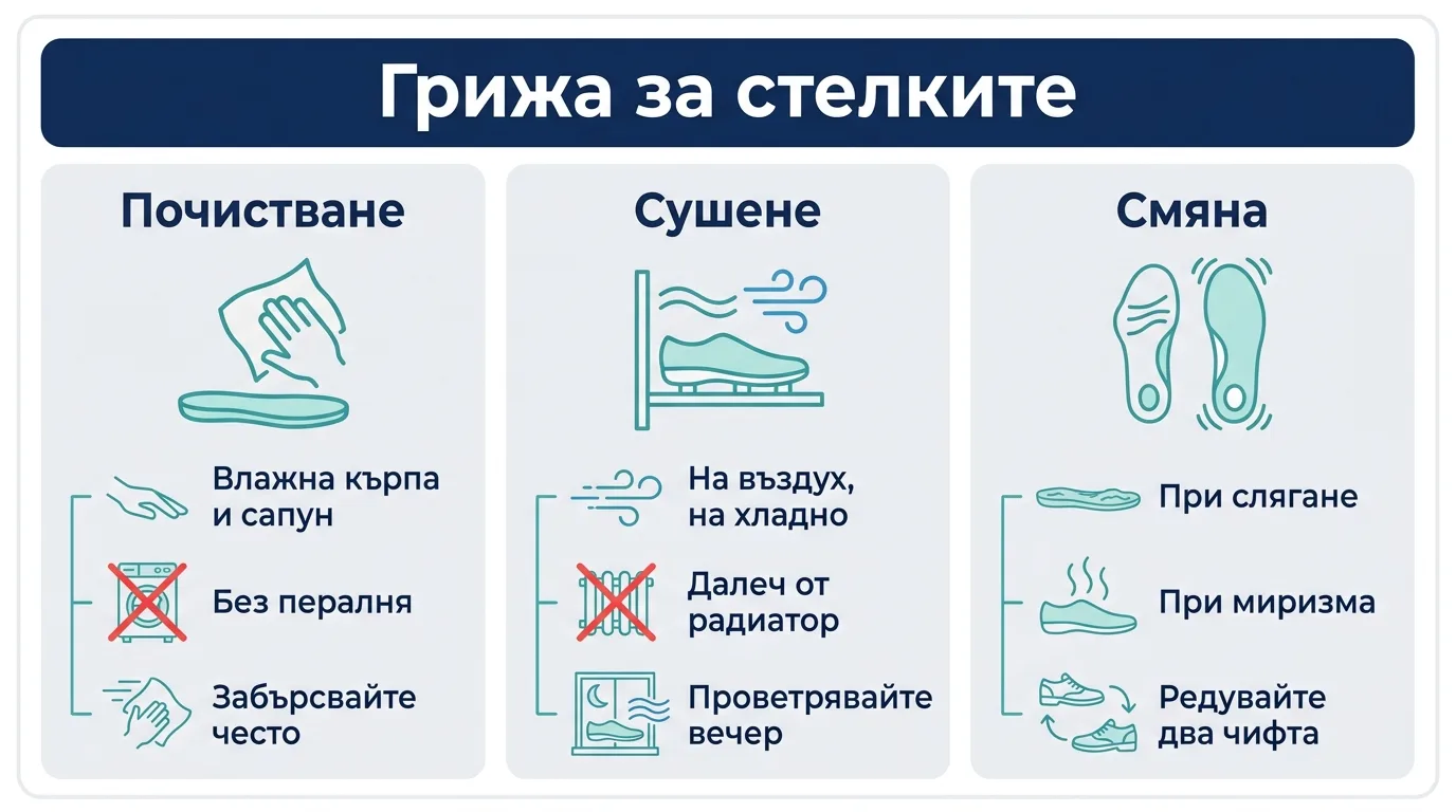 Инфографика с трите стълба на грижата за стелките: почистване, сушене и навременна смяна.