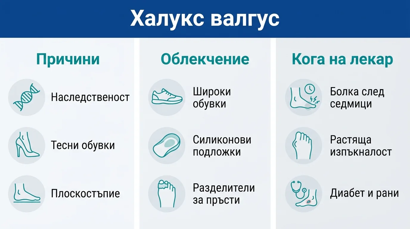 Инфографика на три части за причините, облекчението и кога да потърсим лекар при халукс валгус.