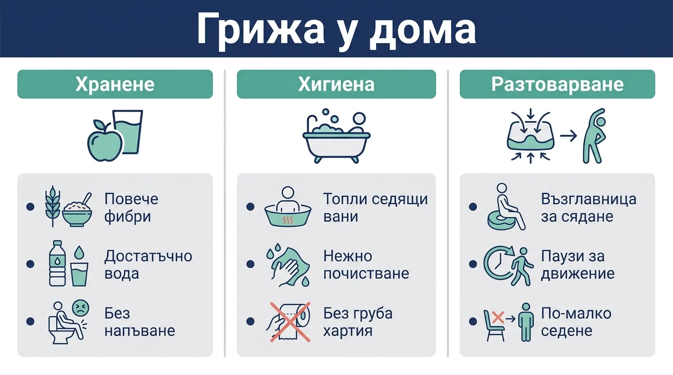 Инфографика на български с три стъпки за домашна грижа при хемороиди: хранене, хигиена и разтоварване на седящия натиск.