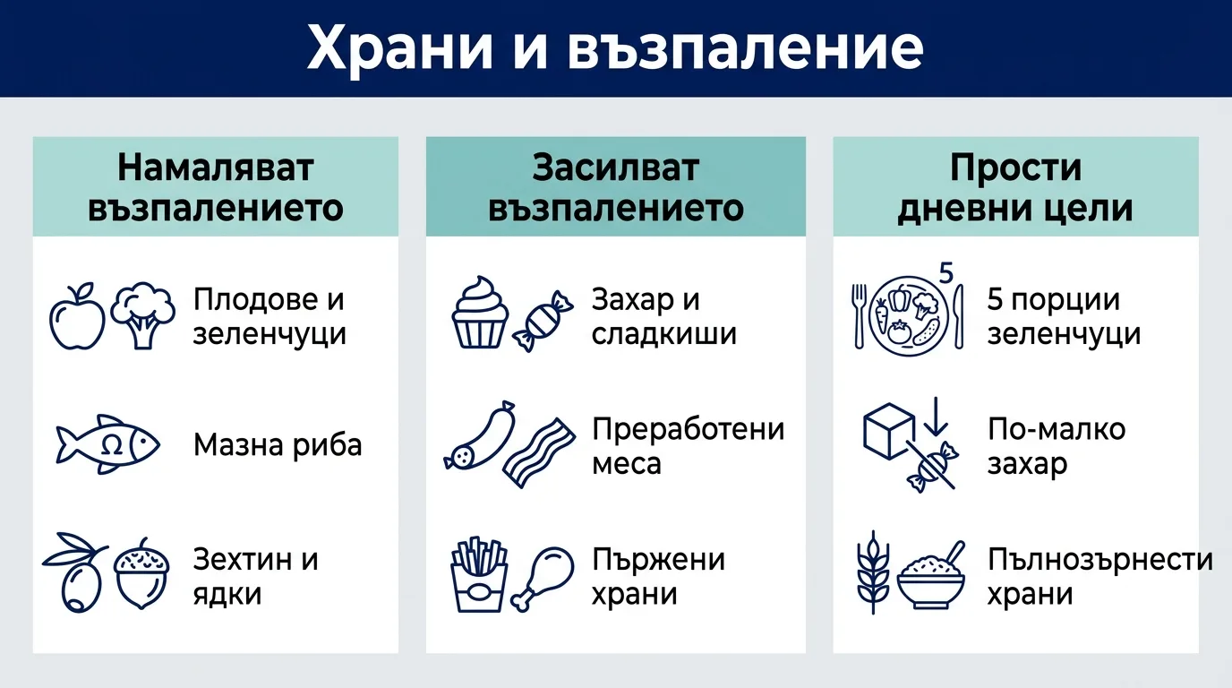 Инфографика, която обобщава кои храни намаляват и кои засилват възпалението и няколко прости дневни цели за здравословно хранене.