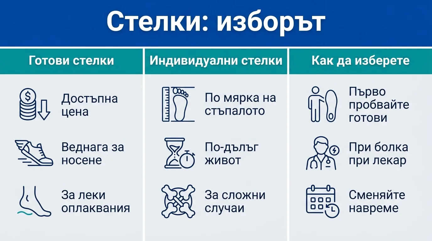 Инфографика, сравняваща готовите и индивидуалните стелки и как да изберем между тях