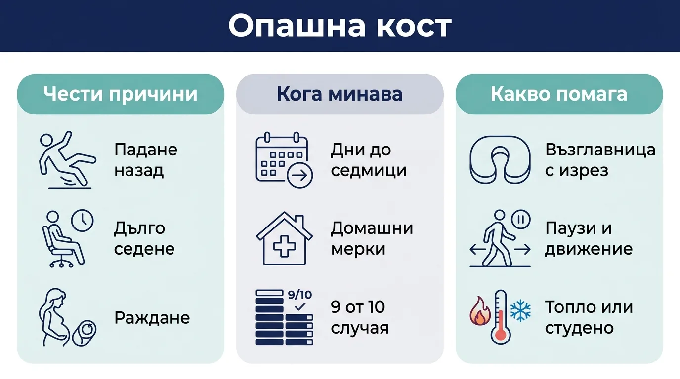 Инфографика за болката в опашната кост с честите причини, кога отшумява и какво помага за облекчение.