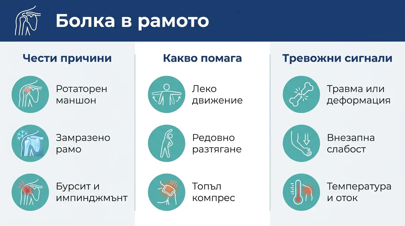 Инфографика, която обобщава честите причини за болка в рамото, полезните домашни мерки и тревожните сигнали.