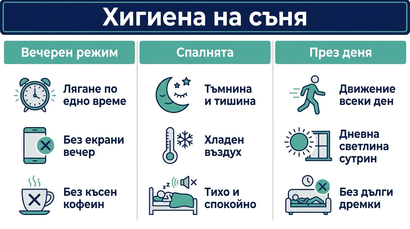 Инфографика с трите стълба на хигиената на съня: вечерен режим, подредба на спалнята и полезни навици през деня.