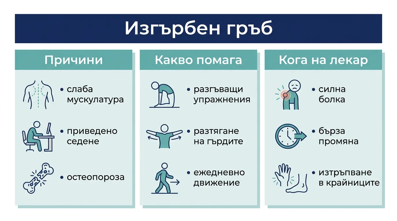 Инфографика за кифозата с причините за изгърбения гръб, какво помага и кога да потърсите лекар.