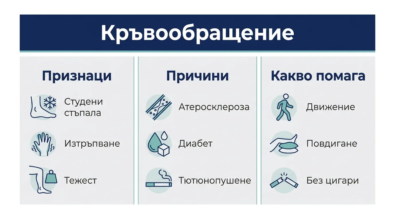 Инфографика с признаците, причините и мерките при лошо кръвообращение в краката