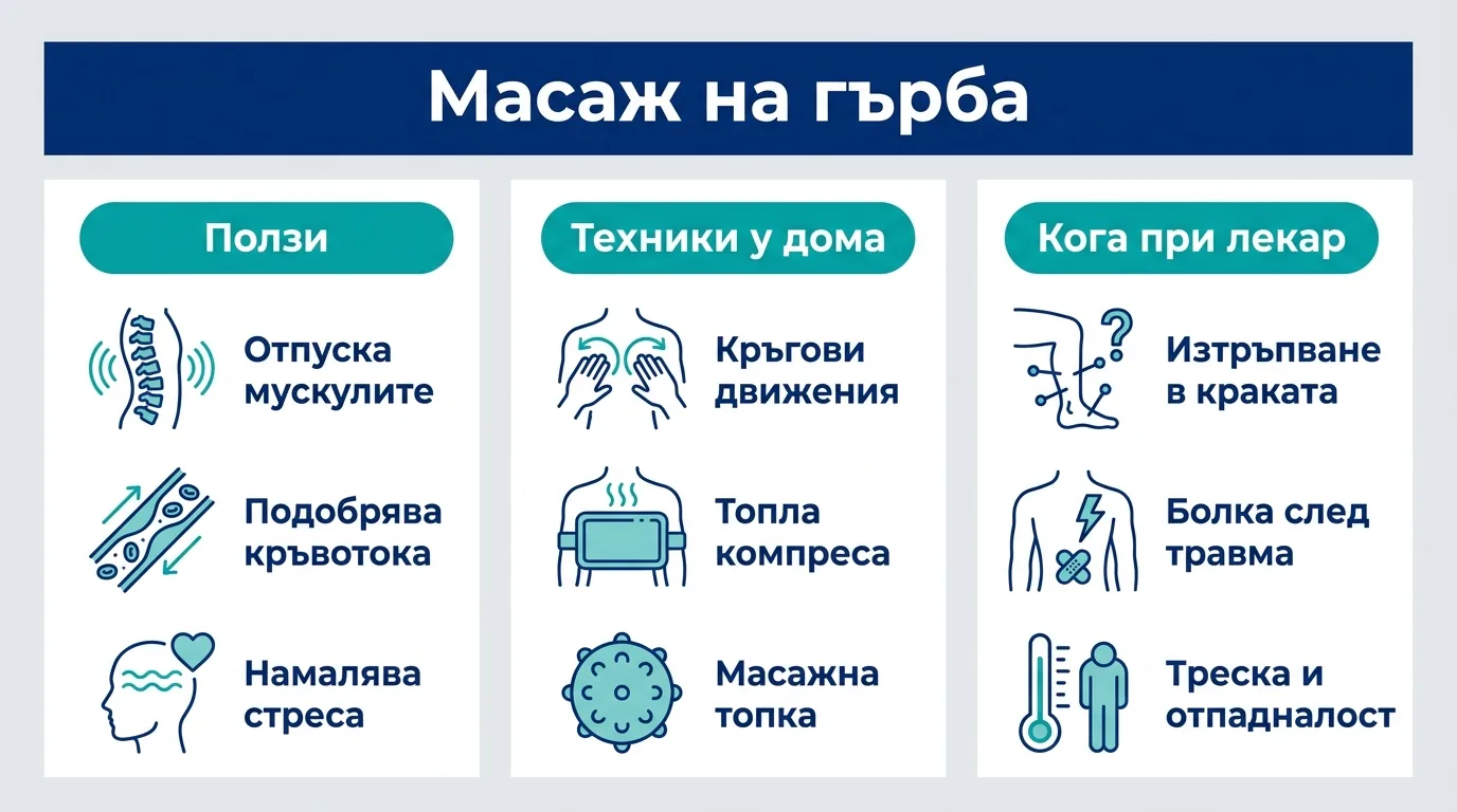 Инфографика с ползите, домашните техники и сигналите за лекар при масаж на гърба.