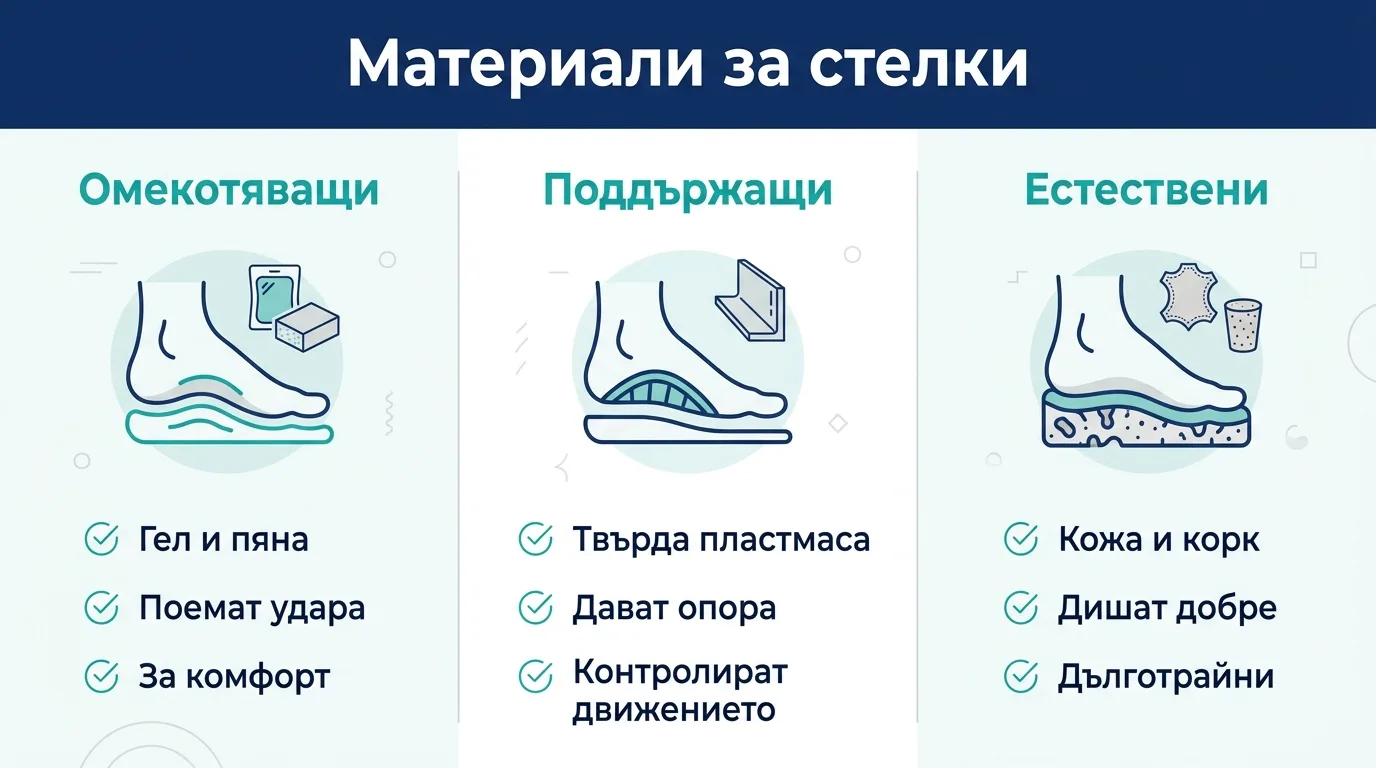 Инфографика с трите основни групи материали за стелки: омекотяващи, поддържащи и естествени.