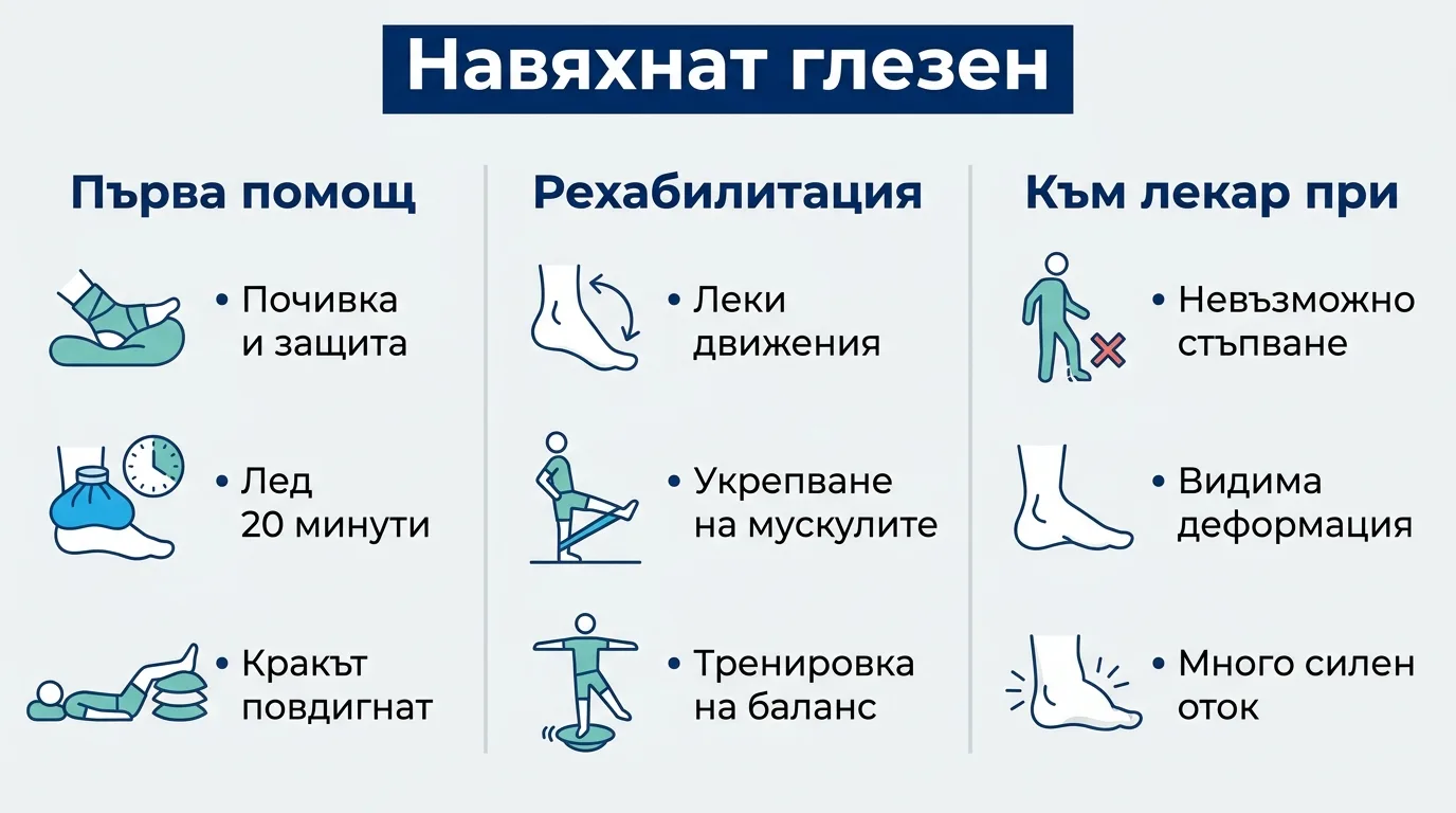 Инфографика с първа помощ, рехабилитация и тревожни признаци при навяхване на глезена.