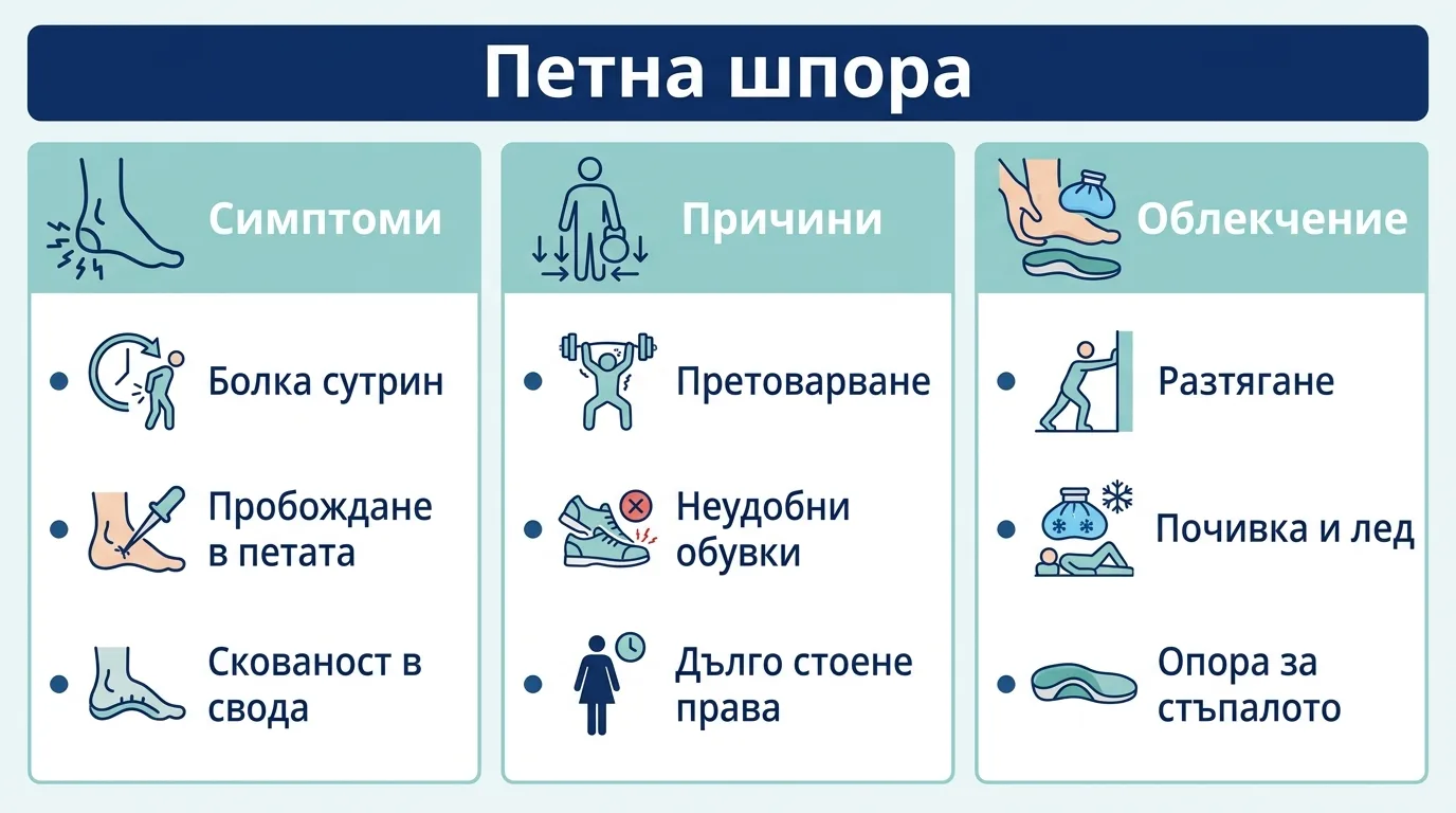 Инфографика за петната шпора с трите ѝ основни симптома, причини и мерки за облекчение.