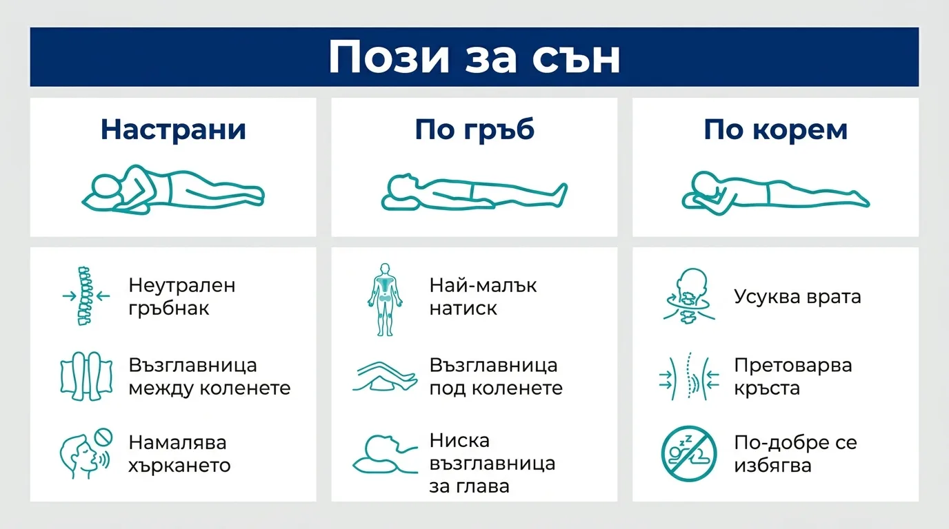 Инфографика с трите пози за сън и подходящата опора с възглавница за всяка.
