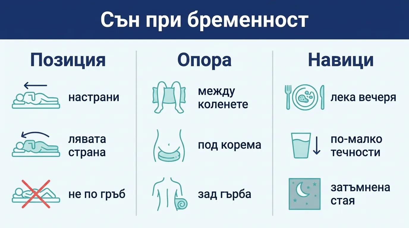 Инфографика за съня по време на бременност с поза, опора и навици