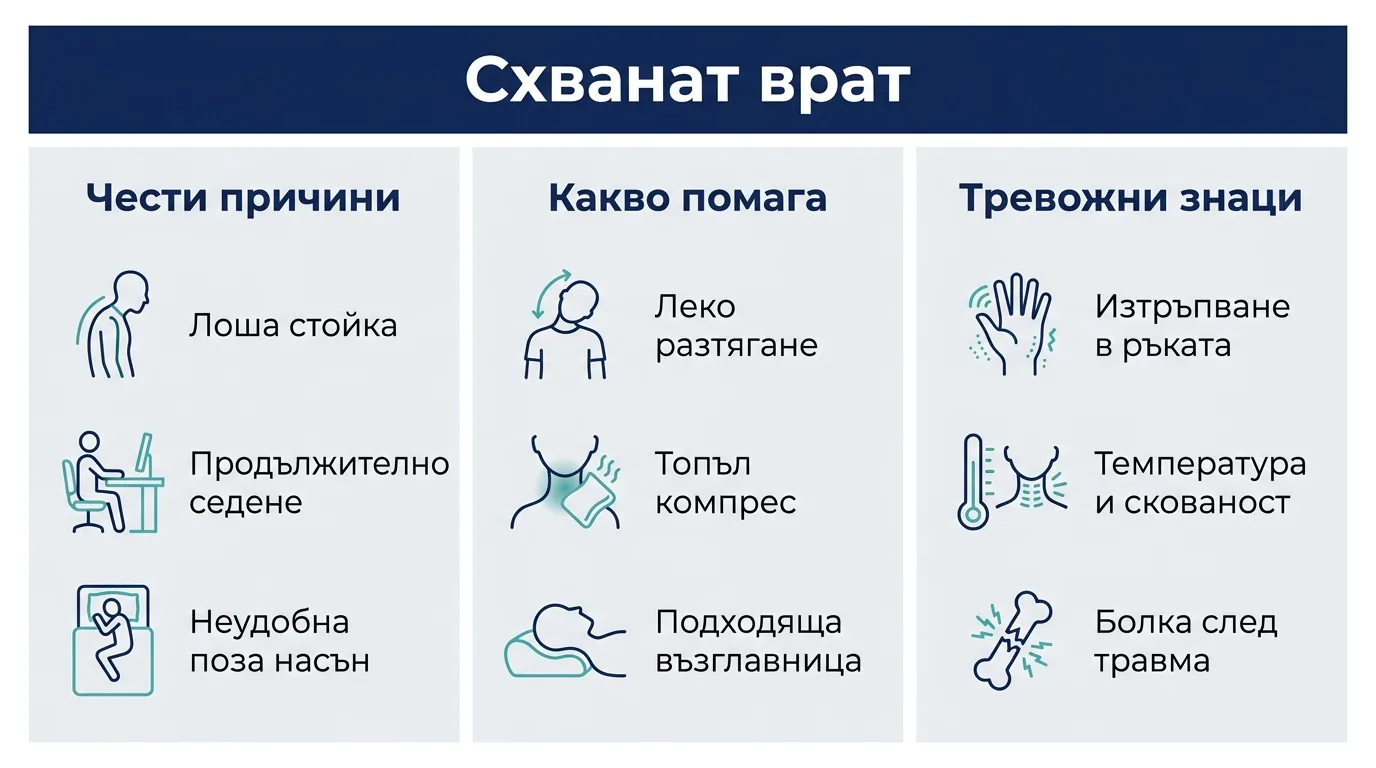 Инфографика с честите причини за схванат врат, какво помага у дома и тревожните знаци.