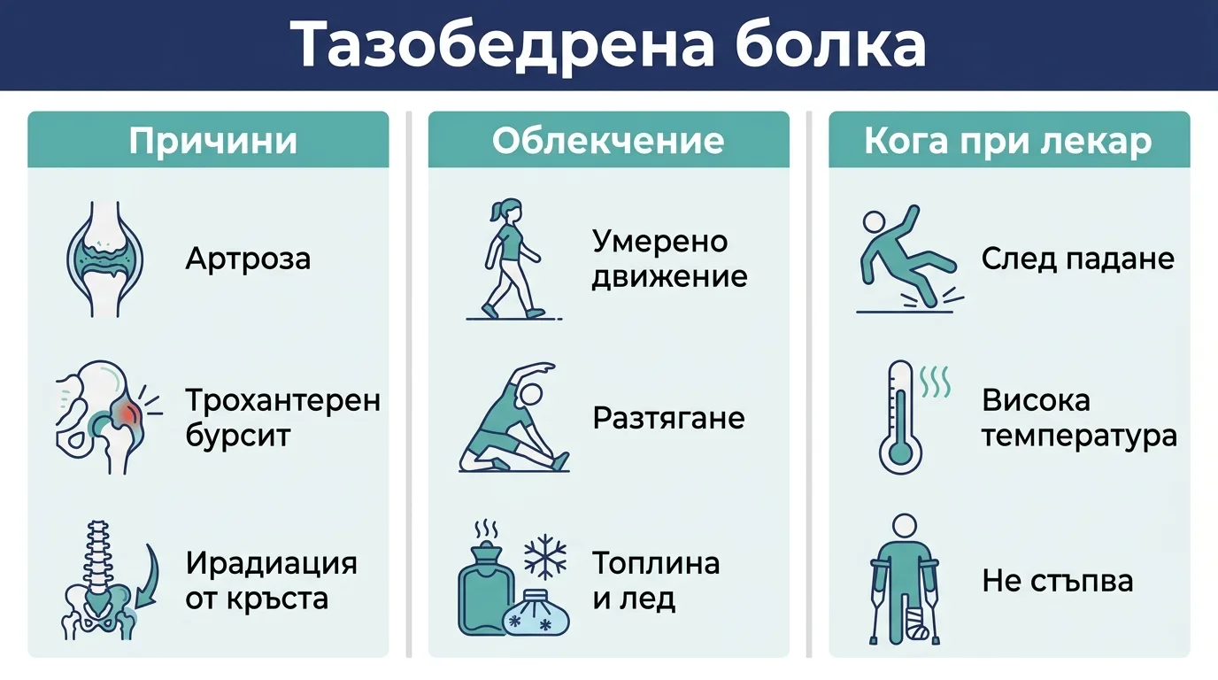 Инфографика с причините, облекчението и тревожните симптоми при болка в тазобедрената става.