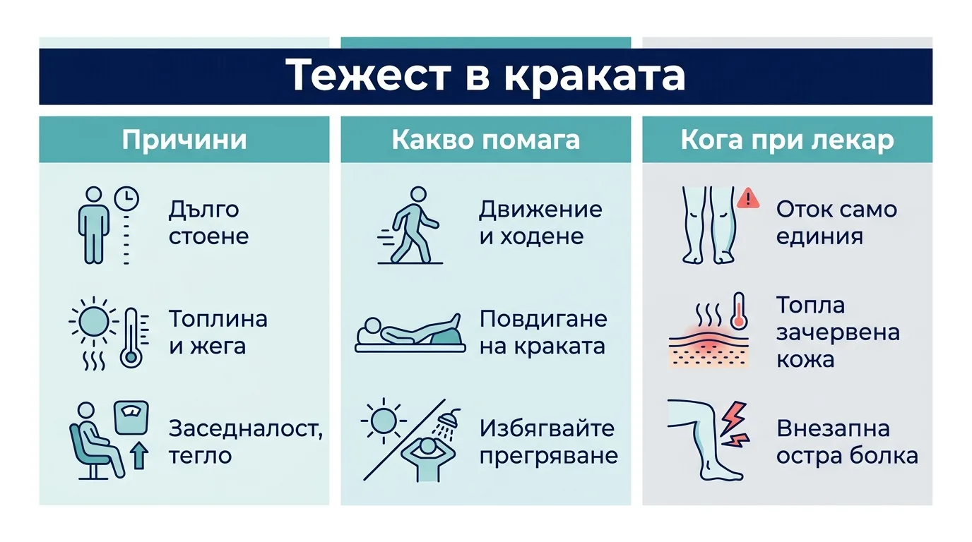 Инфографика на български с причините за тежест в краката, какво помага и кога да потърсите лекар.
