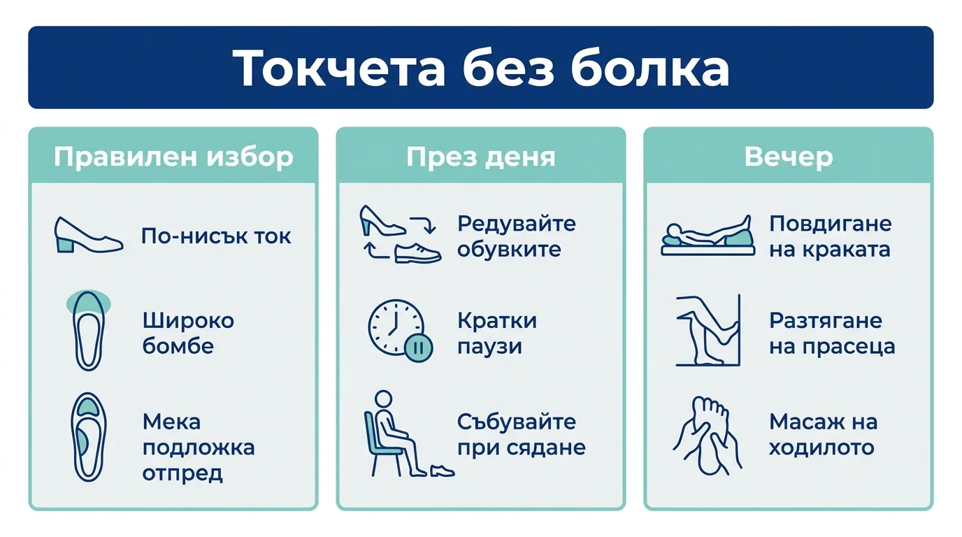 Инфографика с три съвета за носене на токчета с по-малко болка.