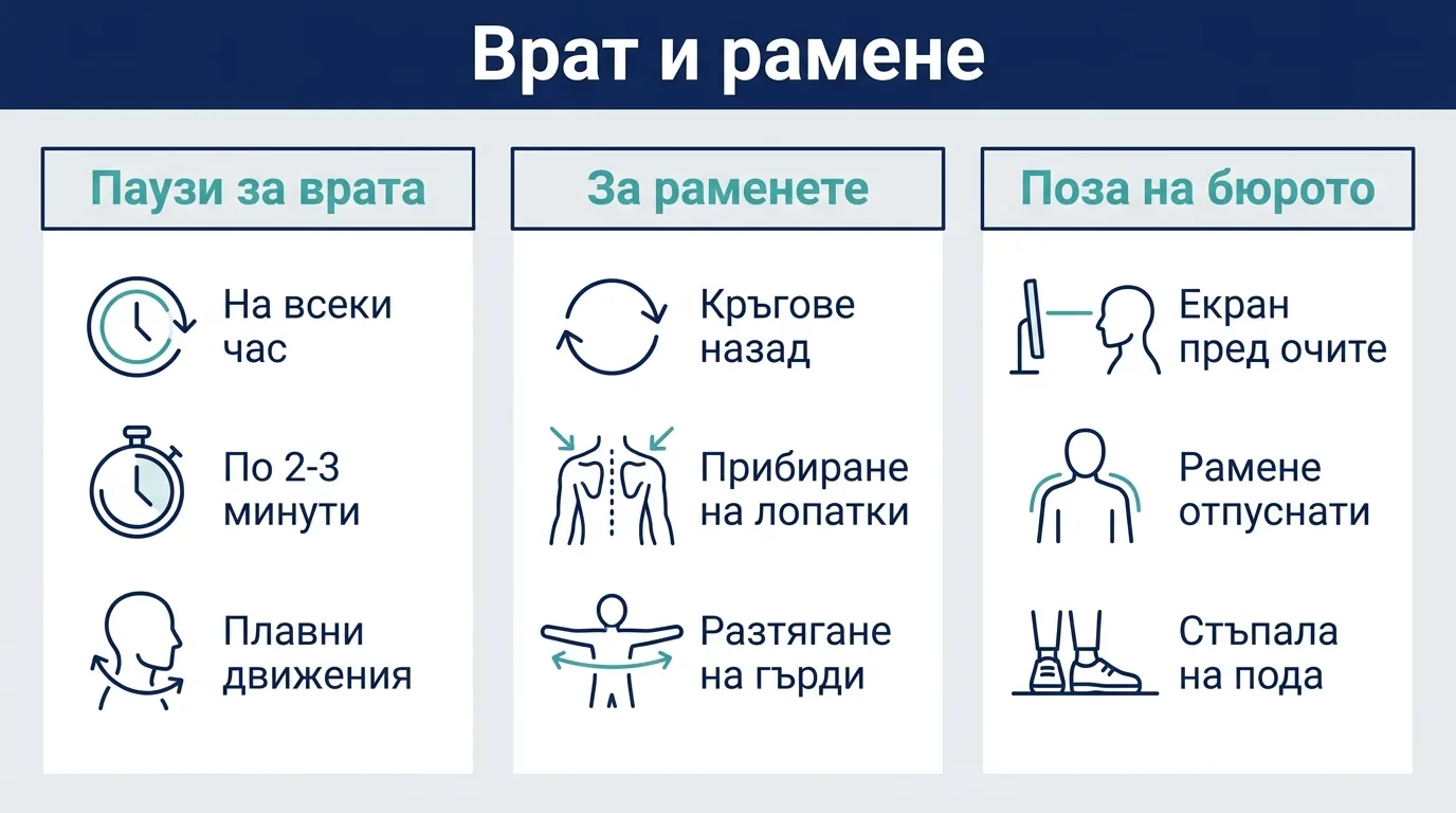 Инфографика с упражнения за врат и рамене и правилна поза на бюрото при офисна работа.