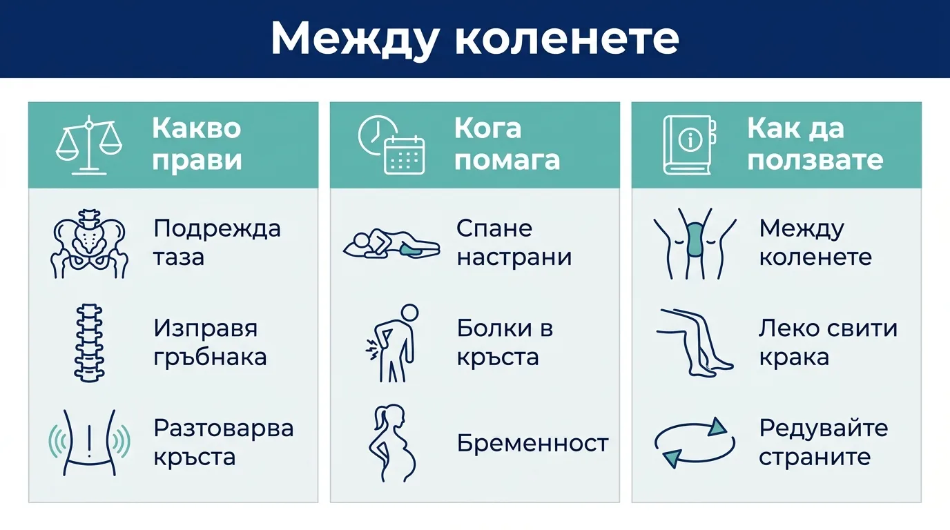Инфографика какво прави възглавницата между коленете, кога помага и как да я използвате.