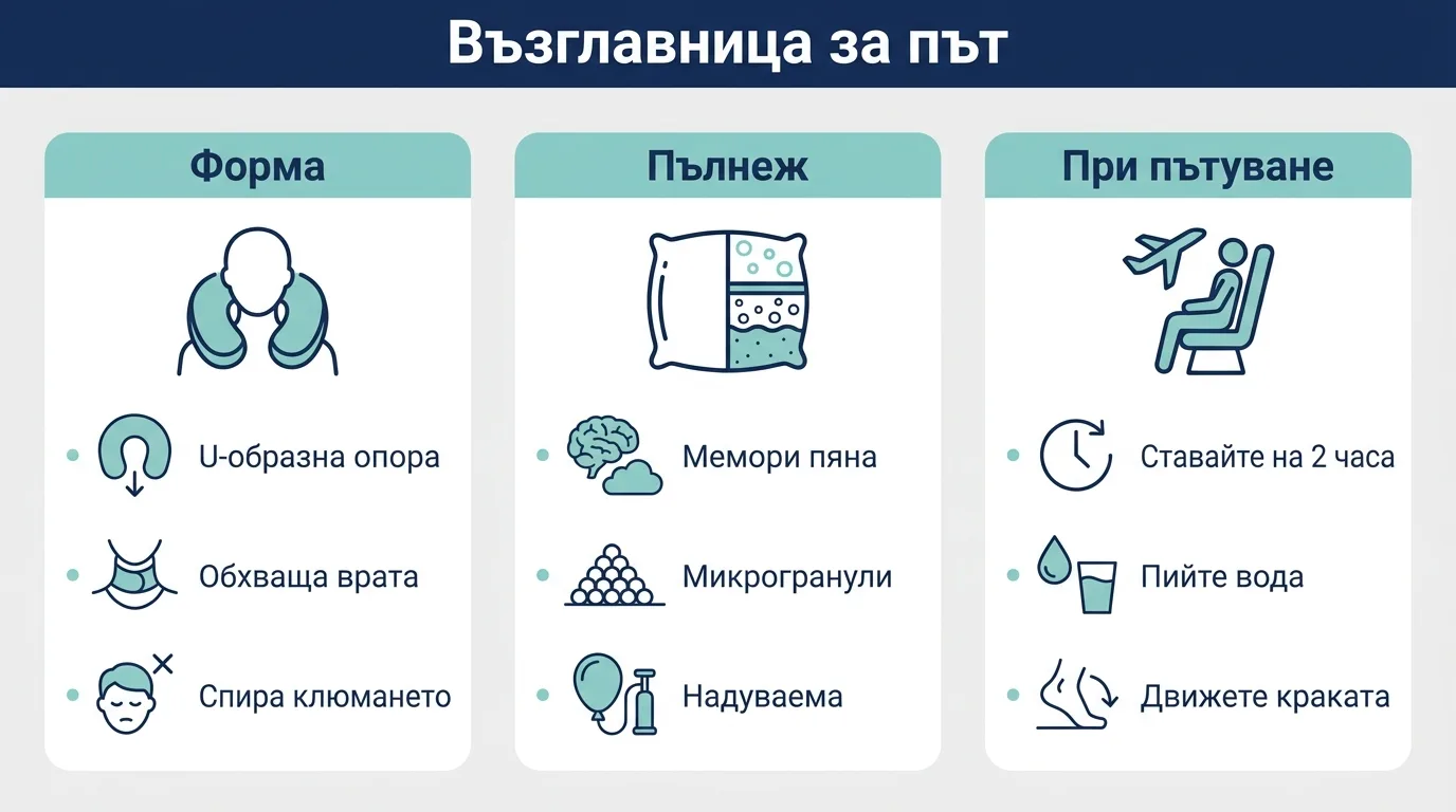 Инфографика за възглавница за път с три раздела: форма, пълнеж и навици при пътуване.