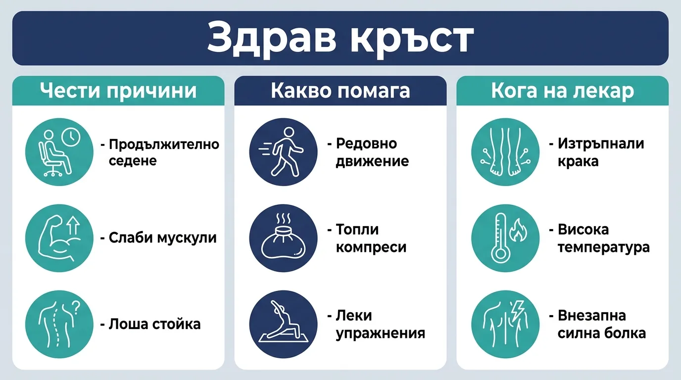 Инфографика с честите причини за болки в кръста, работещите домашни средства и симптомите, при които е нужен лекар.