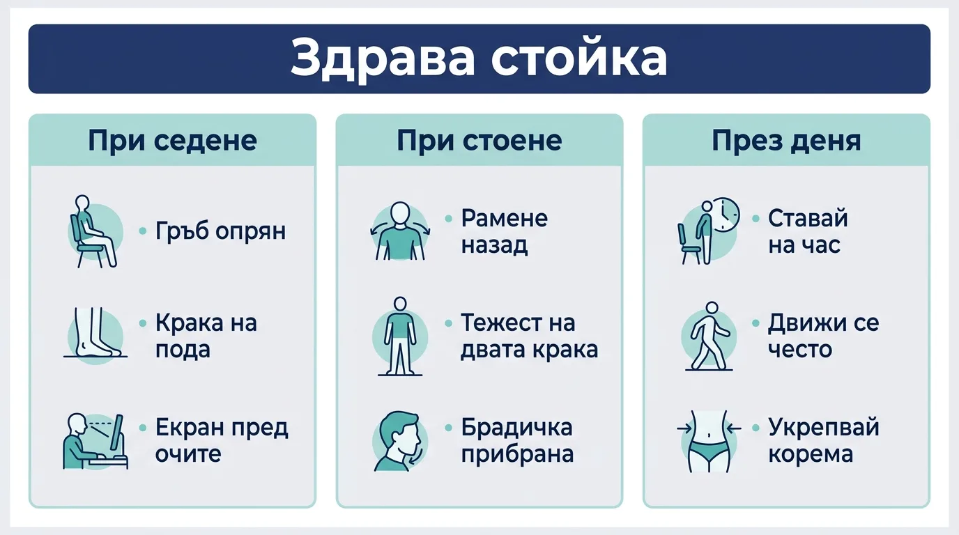 Инфографика с насоки за здрава стойка при седене, стоене и през деня.