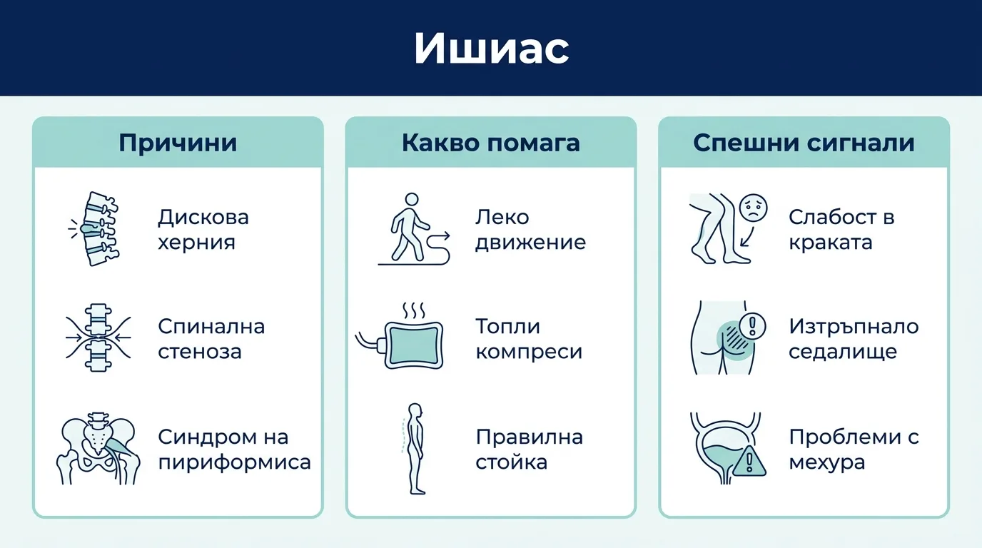 Инфографика за ишиас с най-честите причини, домашните мерки за облекчение и спешните сигнали.