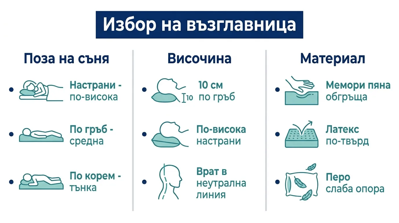 Инфографика за избора на възглавница според позата на съня, височината и материала.