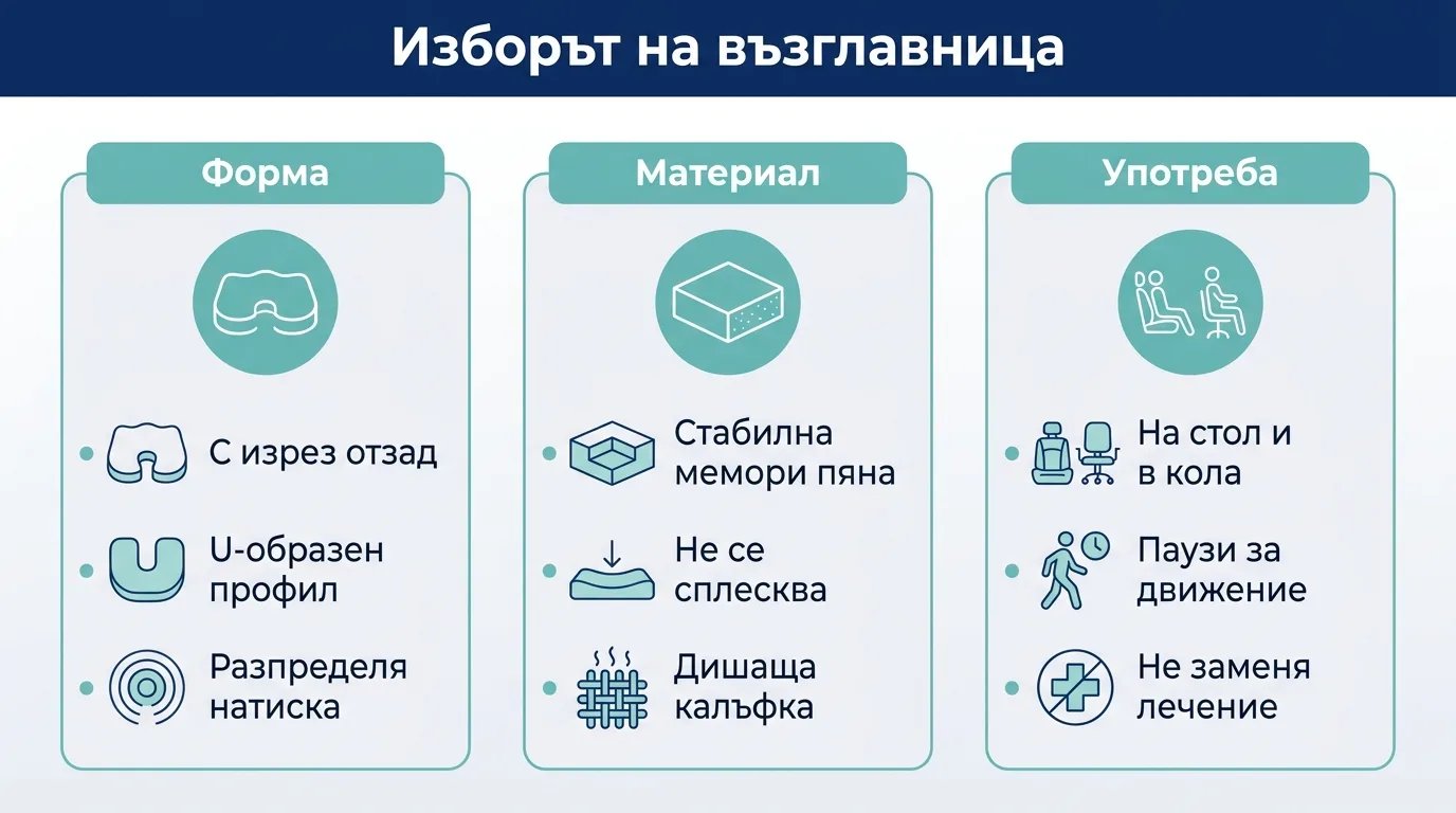 Инфографика на български за избор на седяща възглавница при хемороиди: форма, материал и правилна употреба.