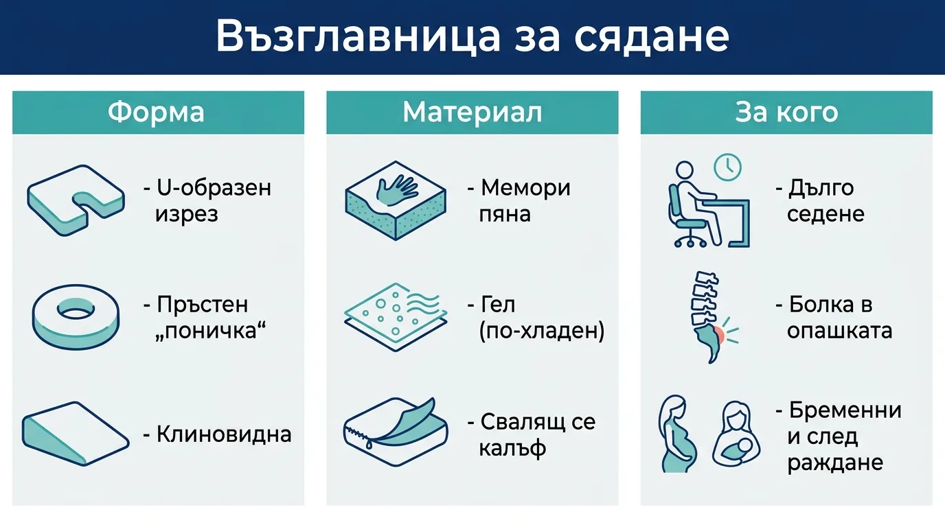 Инфографика с трите критерия за избор на възглавница за сядане: форма, материал и за кого е подходяща.
