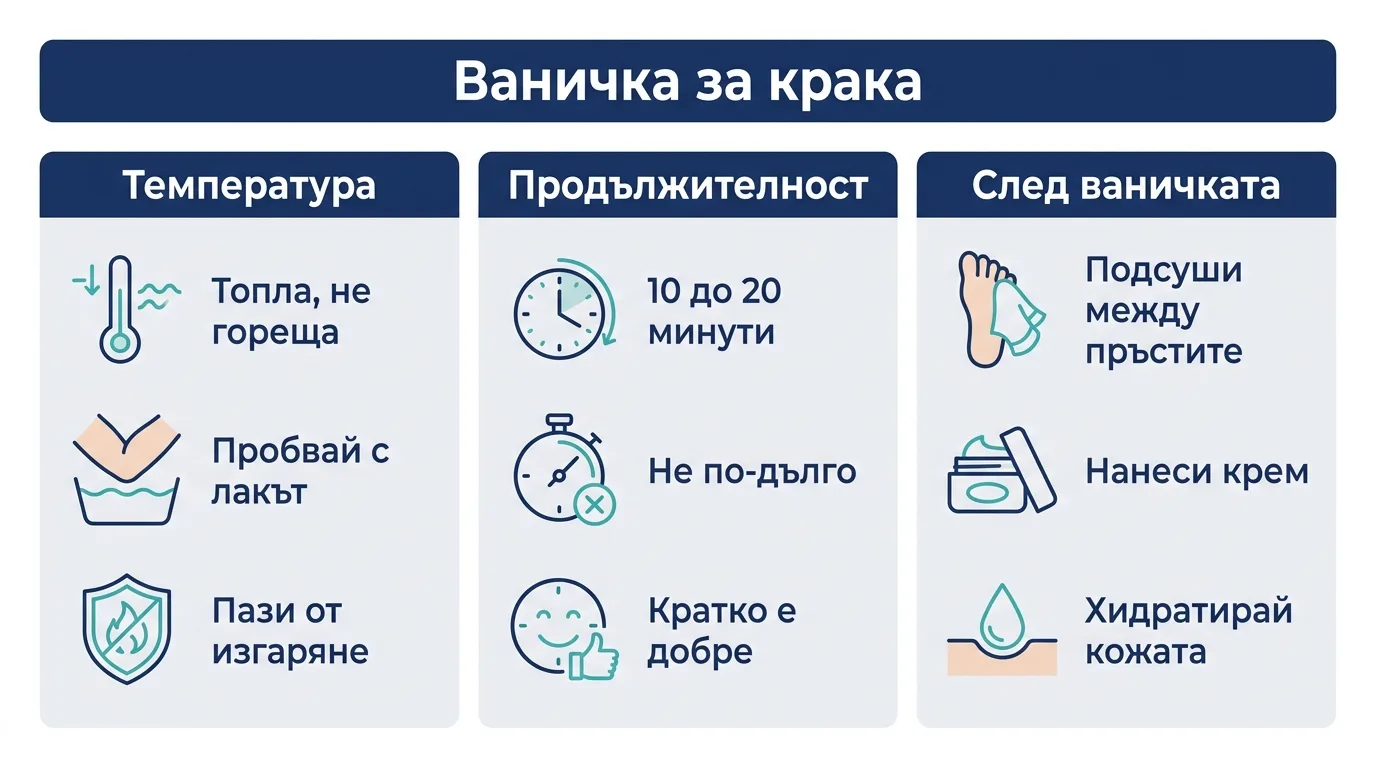 Инфографика с трите стъпки за безопасна ваничка за крака: температура, време и грижа за кожата