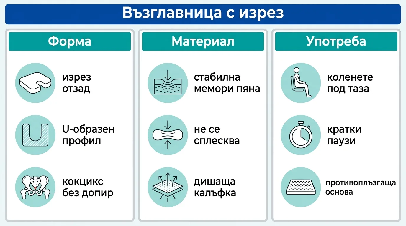 Инфографика за формата, материала и правилната употреба на седяща възглавница за опашна кост