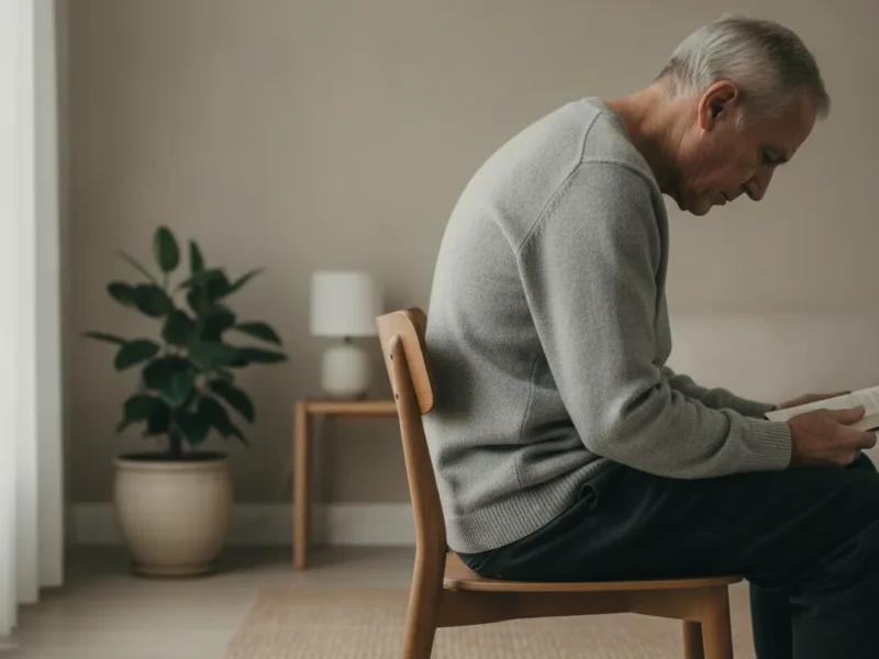 Възрастен мъж с изгърбен гръб и приведени напред рамене, седнал на стол до прозореца у дома.