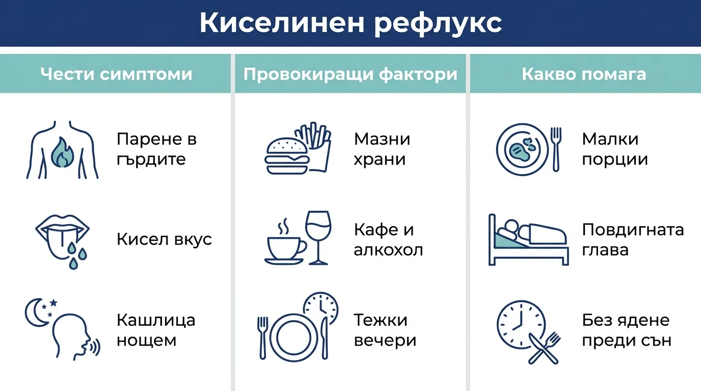 Инфографика с чести симптоми, провокиращи фактори и облекчаващи мерки при киселинен рефлукс