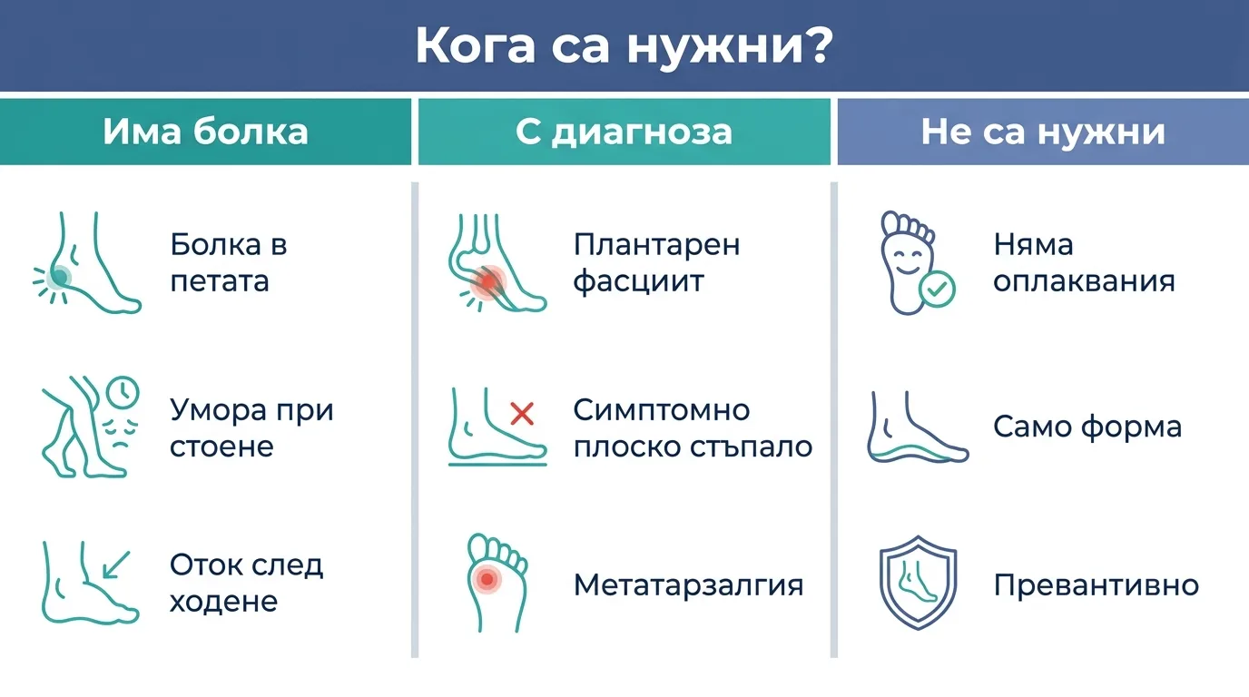 Инфографика в три части, показваща кога ортопедичните стелки помагат при болка, при диагноза и кога не са нужни.