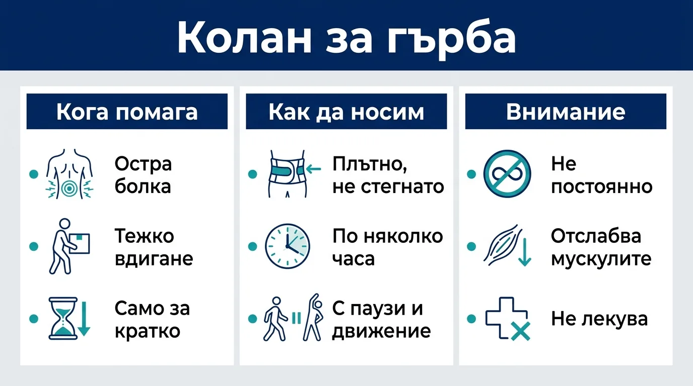 Инфографика с три насоки за колана за гърба: кога помага, как да го носим и на какво да внимаваме.