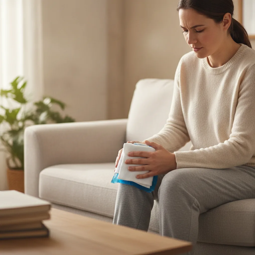 Пакет с лед, увит в кърпа, поставен върху коляното на седнал човек.