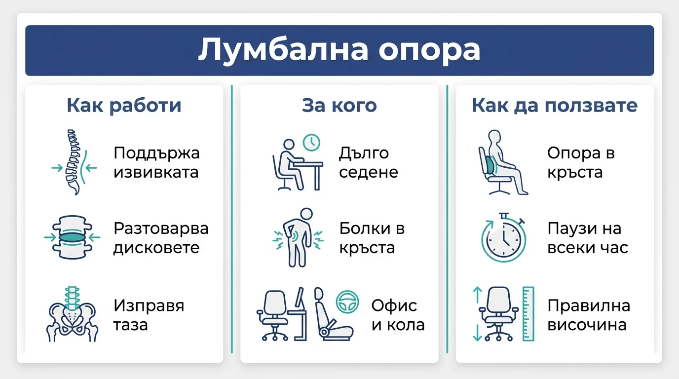 Инфографика за лумбалната опора при седене: как работи, за кого е подходяща и как да я използваме правилно.