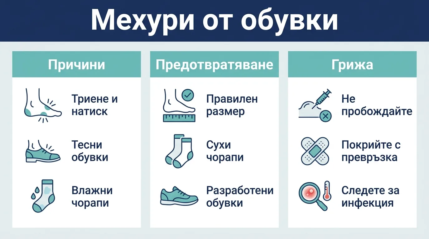 Инфографика за причините, предотвратяването и грижата при мехури от обувки