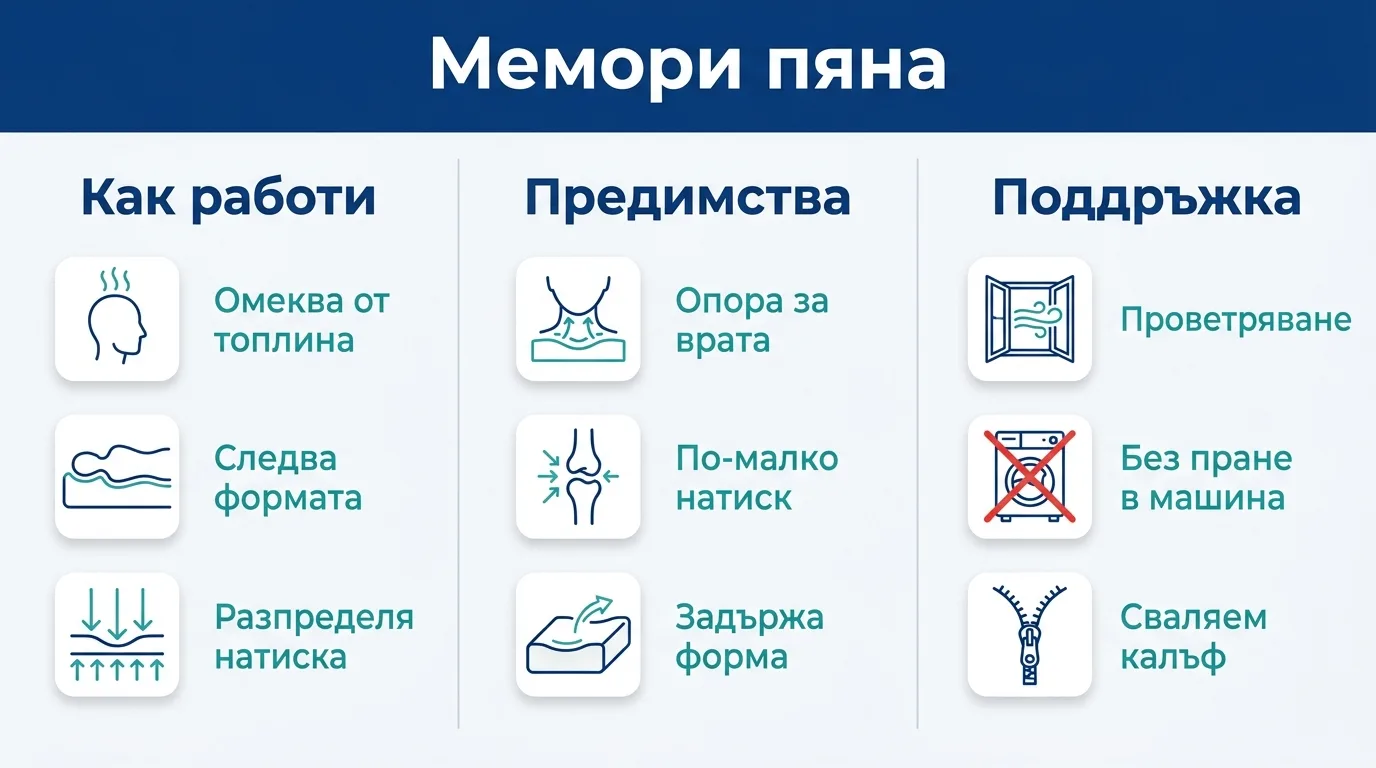 Инфографика за възглавницата от мемори пяна: как работи, предимства и поддръжка