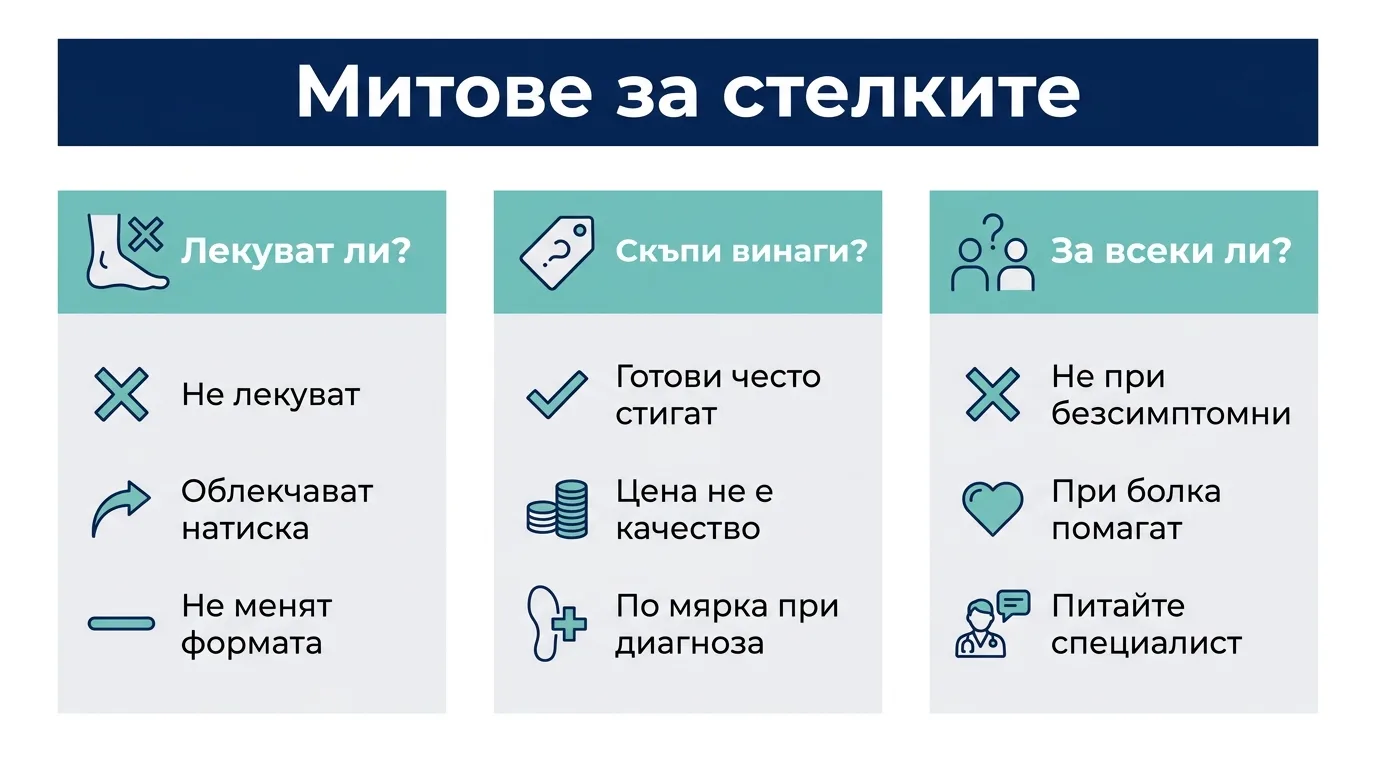 Инфографика с три чести мита за ортопедичните стелки и фактите зад тях.